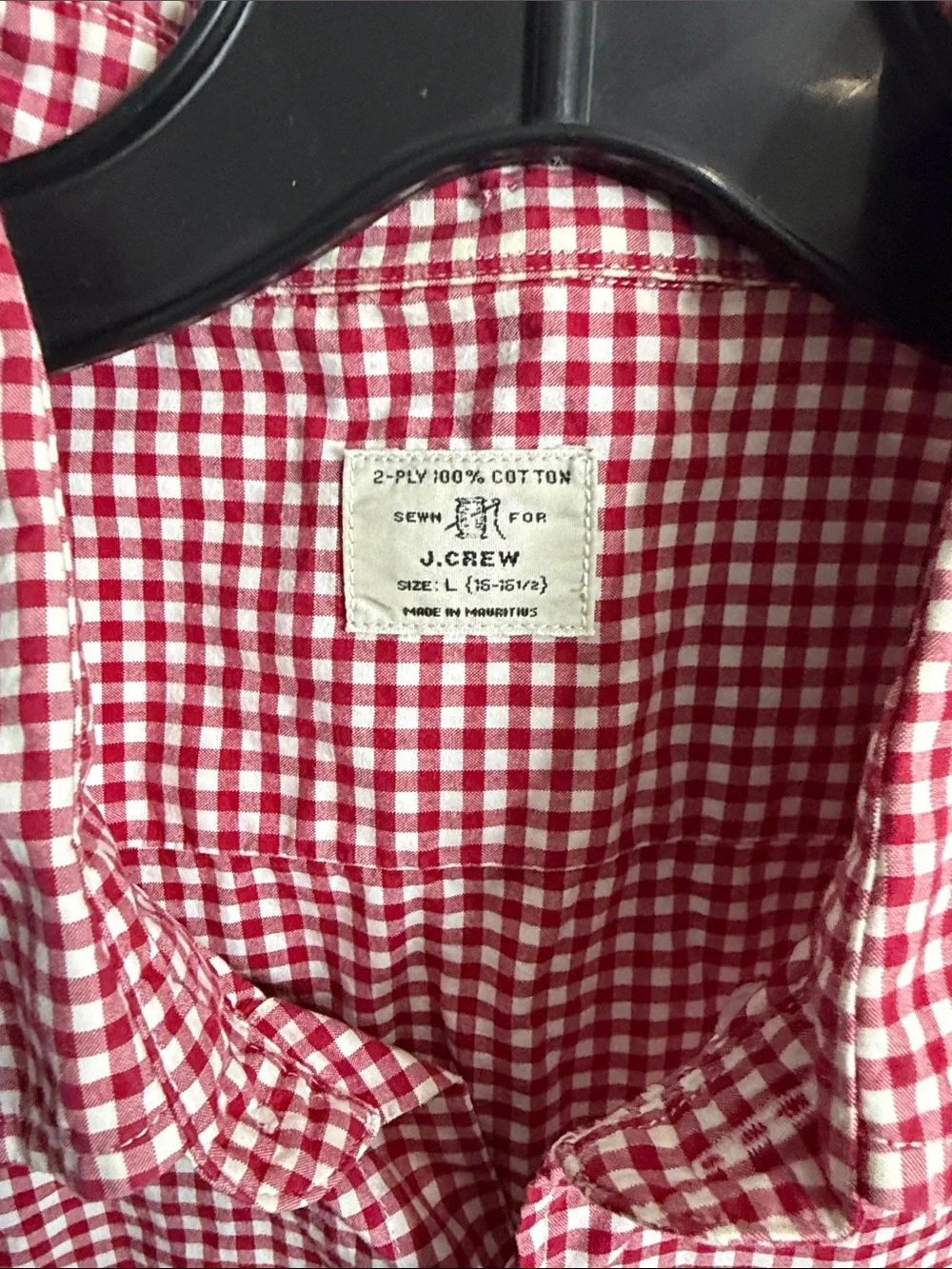 J Crew Men's Red Gingham Button-Up Shirt Sz L (16-16.5)